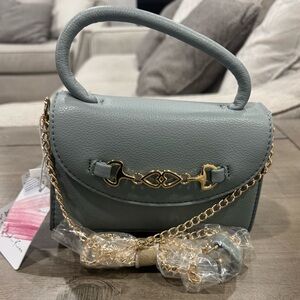 Elegant Gray/ blue Handbag with Gold Accents